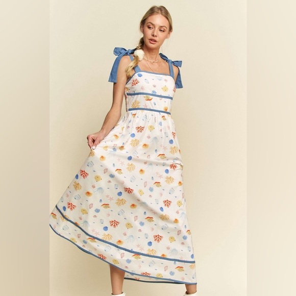 Floral White and Blue Maxi Denim Binding Detail Smocking Summer Maxi Dress - Picture 2 of 10